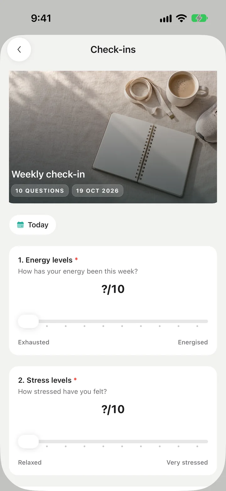 Weekly check-in: energy, stress and sleep sliders