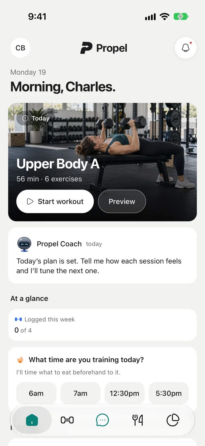 Propel Home: Morning, Charles. Upper Body A, 56 minutes, with a note from Propel Coach