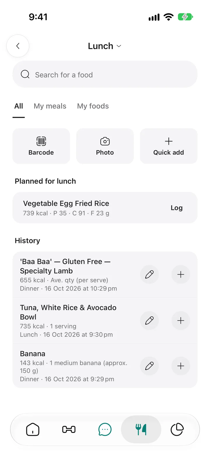 Log food: search, Barcode, Photo and Quick add, with the planned lunch ready to log